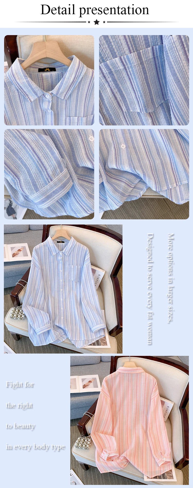 Plus Size women's spring casual commuter shirt terylene cotton fabric striped top medium long pocket top comfortable breathable