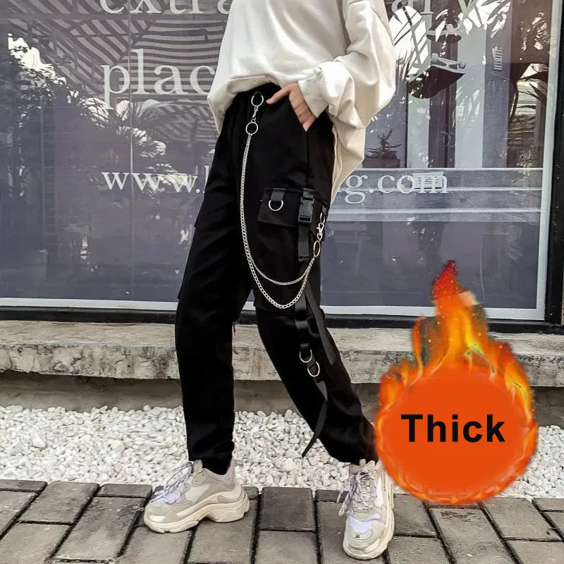 ZOKI Gothic Women Cargo Pants Black Joggers High Waisted Harajuku Harem Pants Punk Goth Techwear Chain Trousers Female Hip Hop