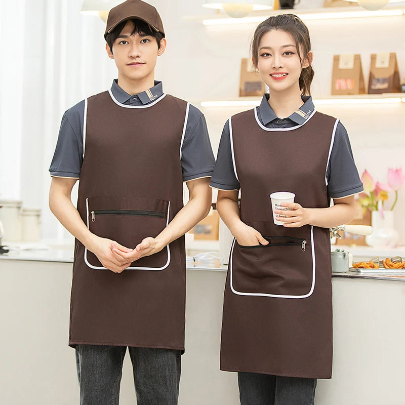 Custom Logo Brown Green Supermarket Convenience Studio Store Workwear Clothes Unifrom Working Vest Aprons With Zip Big Pokcets