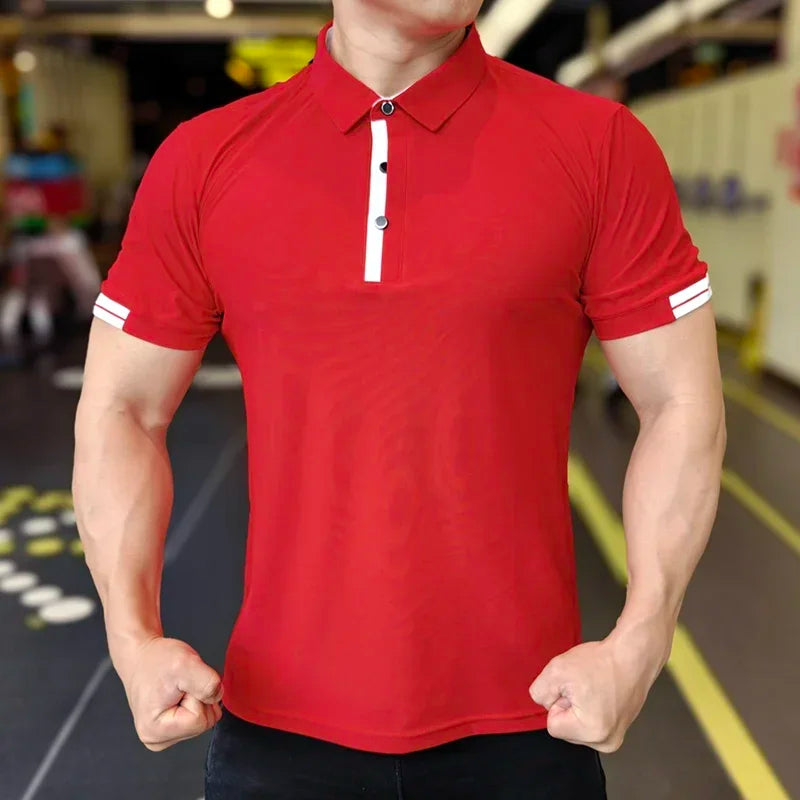 Men's Athleisure Ice Silk Top Tee Sweatshirts Fitness Training Tights Golf Short Lapel Activewear Sleeve Gym Muscle Fit Shirt