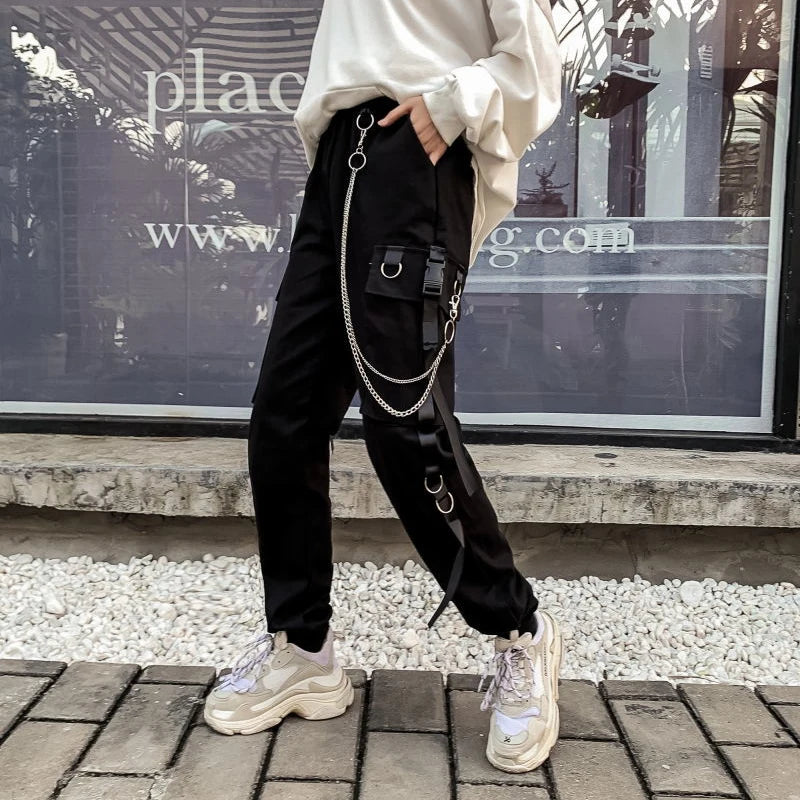 ZOKI Gothic Women Cargo Pants Black Joggers High Waisted Harajuku Harem Pants Punk Goth Techwear Chain Trousers Female Hip Hop