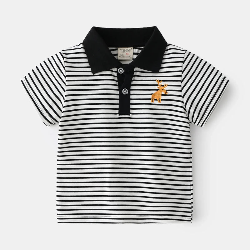 Summer Boys' Short Sleeve Striped T-Shirt Casual Breathable Cotton Polo Shirt for Kids Embroidered Cartoon , for Ages 3-8,