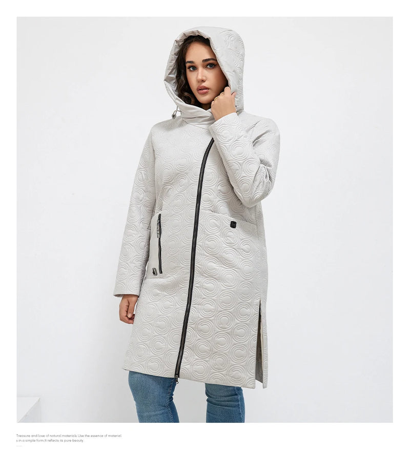 HaiLuoZi 2023 Autumn Women Jackets Plus Size Long Hooded Quilted Light weight Big pockets Bio-cotton Stylish Women's coat 5537