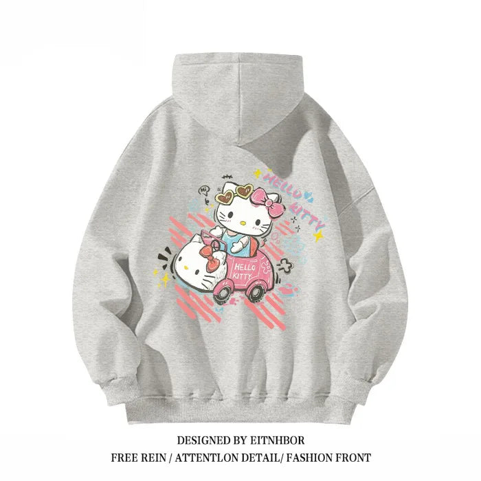 Hello Kitty Hooded Sweatshirt American Niche Fun Graffiti Cartoon Anime Women'S Autumn and Winter Loose Fit Slimming Jacket