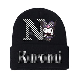 Kuromi Knitted Hat for Children A-Z Letters Cartoon Beanies Cap Winter Kids Street Hats Outdoor Warm Knitted Cap Black Hats Gift