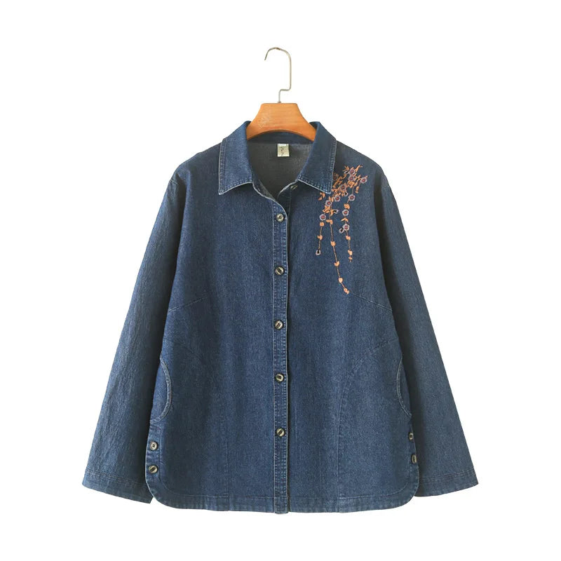 Women's Loose Denim Long Sleeve Shirt, Five-Petal Flower Embroidered Coat, Plus Size, Spring and Autumn, New, 8932