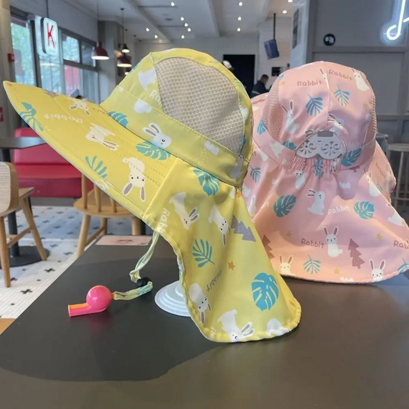 Bucket Cap Summer Baby Hat Neck Ear Cover With Whistle Children's Sunscreen Hat Wide Brim Breathable Kids Beach Caps