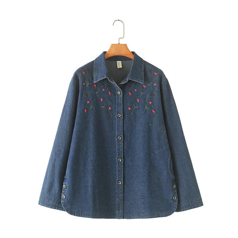 Women's Loose Denim Long Sleeve Shirt, Five-Petal Flower Embroidered Coat, Plus Size, Spring and Autumn, New, 8932