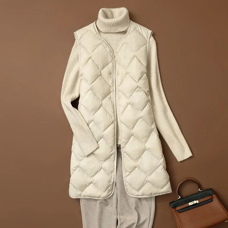 Plus Size Female Korean V-neck Casual Ultra Light Vest Coat Autumn Winter Women X-Long White Duck Down Warm Sleeveless Jackets