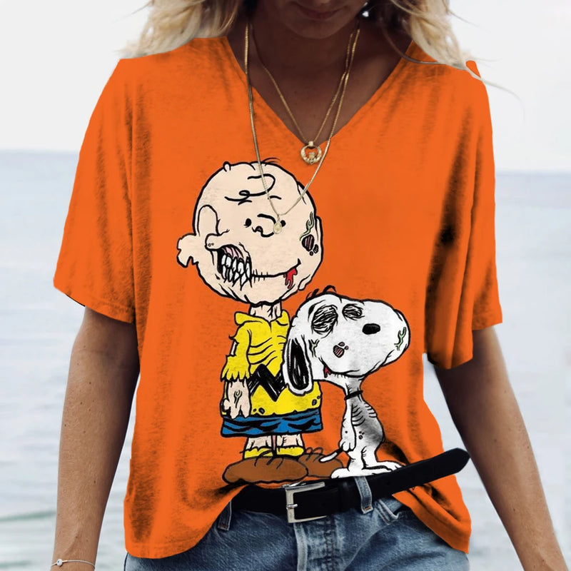 Summer Women T-Shirt S-3XL Fashion Short Sleeve V-Neck Top Snoopy print T-Shirt Casual Loose Female Street Style