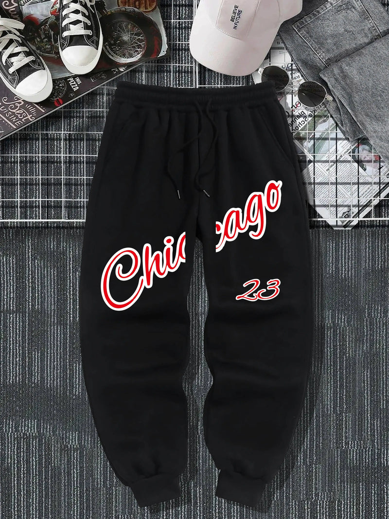 Chicago 23 Comfy Chic Letter Print Joggers Soft Mid-Stretch Drawstring Pants with Relaxed  Outdoor Thermal Warm Sweatpants