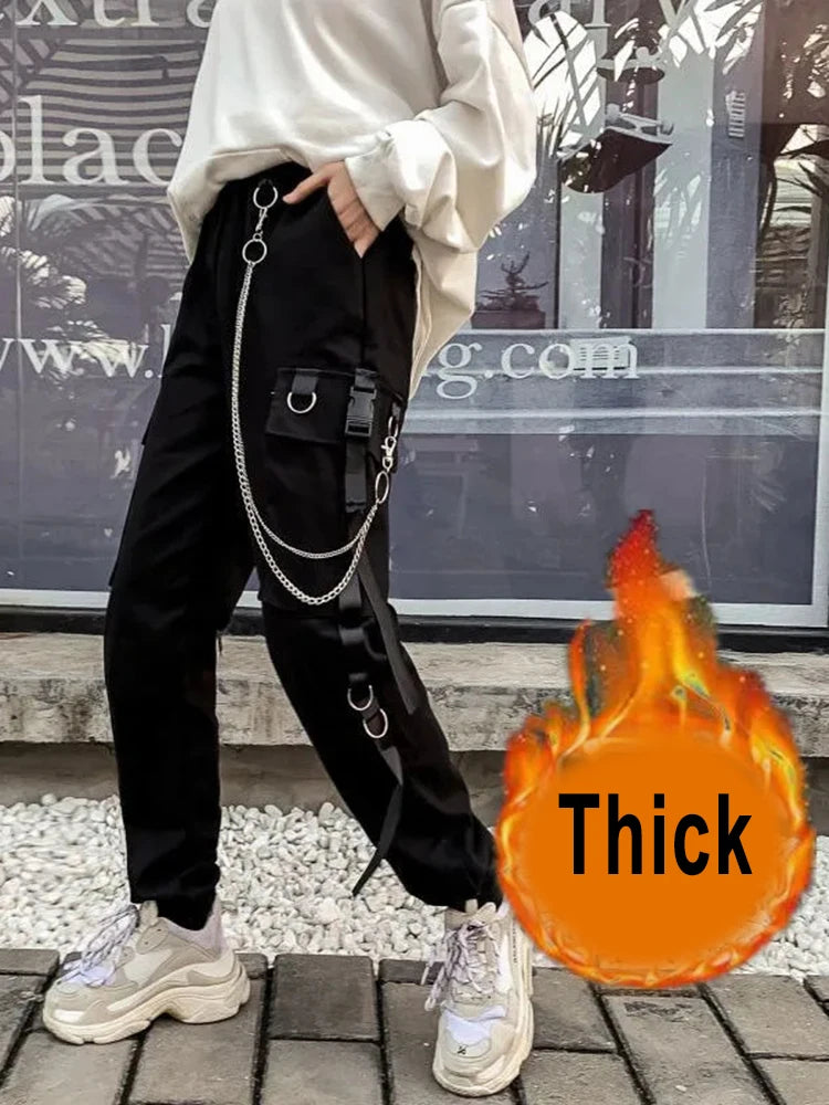 ZOKI Gothic Women Cargo Pants Black Joggers High Waisted Harajuku Harem Pants Punk Goth Techwear Chain Trousers Female Hip Hop