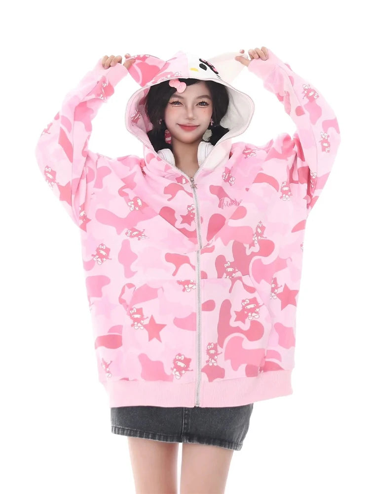 Hello Kitty Zip Hoodie Loose Cardigan Coat Streetwear Women Clothes Oversized Sweatshirt Cardigan Pure Cotton Camouflage Jacket