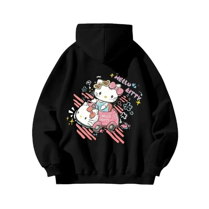 Hello Kitty Hooded Sweatshirt American Niche Fun Graffiti Cartoon Anime Women'S Autumn and Winter Loose Fit Slimming Jacket