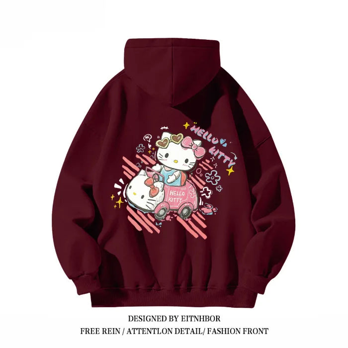 Hello Kitty Hooded Sweatshirt American Niche Fun Graffiti Cartoon Anime Women'S Autumn and Winter Loose Fit Slimming Jacket