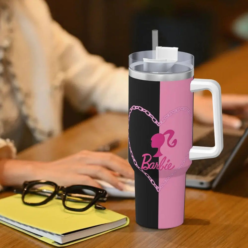 Stainless Steel Tumbler Miniso Kawaii Barbie Car Mugs With Straws Pink Logo Beach Cold Drink Water Bottle Large Coffee Mug