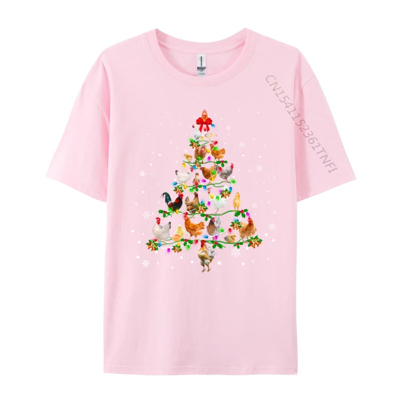 Chicken Christmas Tree Ornament Decor Xmas T-Shirt Male Fashionable Tops & Tees Round Neck Cotton Fabric Normal