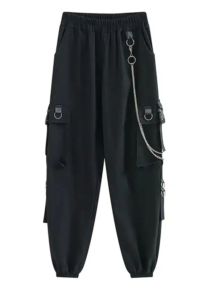 ZOKI Gothic Women Cargo Pants Black Joggers High Waisted Harajuku Harem Pants Punk Goth Techwear Chain Trousers Female Hip Hop