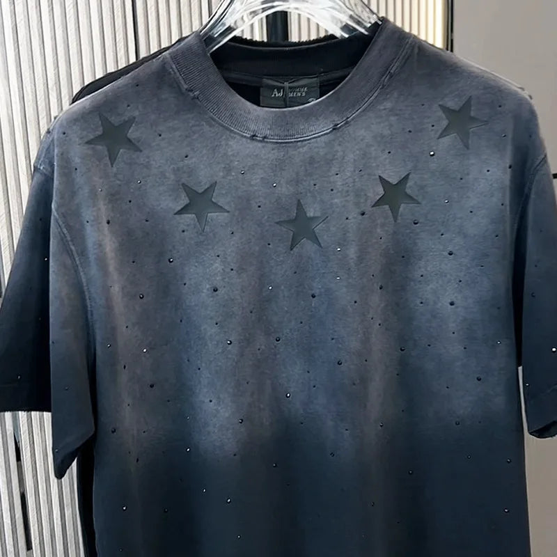 2024 Spring and Summer round Neck Washed and Worn Five-Pointed Star Rhinestone T-shirt Men's Heavy Thickening Loose Top Men