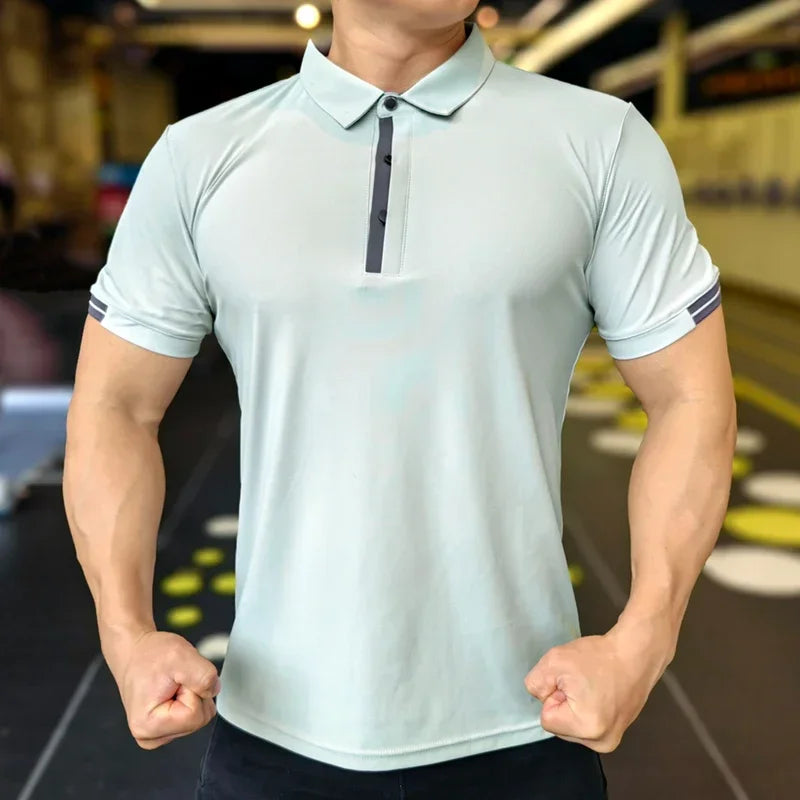 Men's Athleisure Ice Silk Top Tee Sweatshirts Fitness Training Tights Golf Short Lapel Activewear Sleeve Gym Muscle Fit Shirt