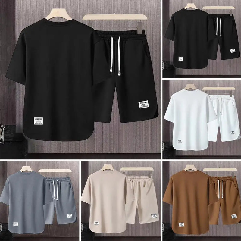 Men Activewear Set Men's Summer Casual Outfit Set O-neck Short Sleeve T-shirt Elastic Drawstring Waist Wide Leg Shorts for A