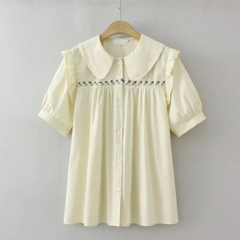 Plus Size Women's Shirt Shirt Doll Collar Solid Colour Short Sleeve Non-Stretch Top With Embroidered Floral Pattern On The Front