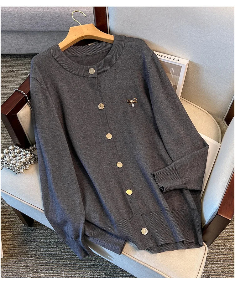 170Kg Plus Size Women's Bust 160 Spring Autumn Loose Cardigan Sweater Knitted Jacket Black Dark Gray 4XL 5XL 6XL 7XL 8XL 9XL