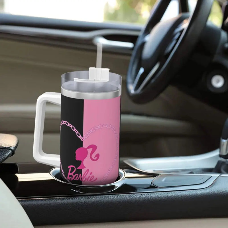 Stainless Steel Tumbler Miniso Kawaii Barbie Car Mugs With Straws Pink Logo Beach Cold Drink Water Bottle Large Coffee Mug