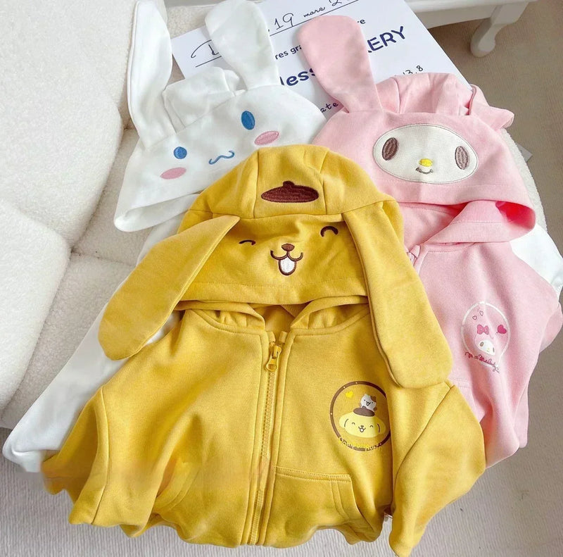 Sanrio Sweatshirt Hooded Kawaii My Melody Kuromi Cinnamoroll Zipper Long Sleeve Warm Coat Purin Plush Girls Hoodie Gift