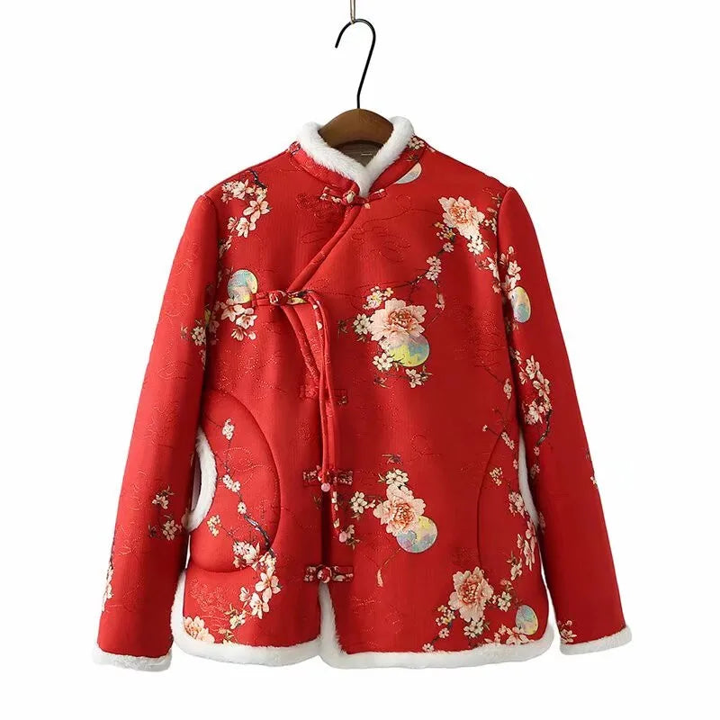 Plus Size Women's Clothing Winter Coat Warm Jacket With Chinese Style Flowers Design Thickened Coat With Cotton And Plush Inside