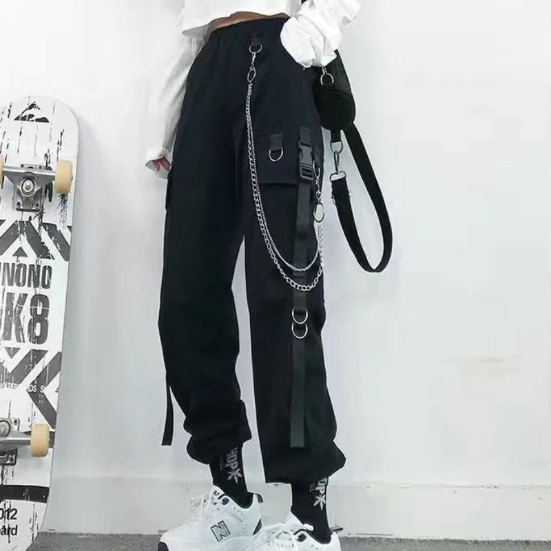 ZOKI Gothic Women Cargo Pants Black Joggers High Waisted Harajuku Harem Pants Punk Goth Techwear Chain Trousers Female Hip Hop