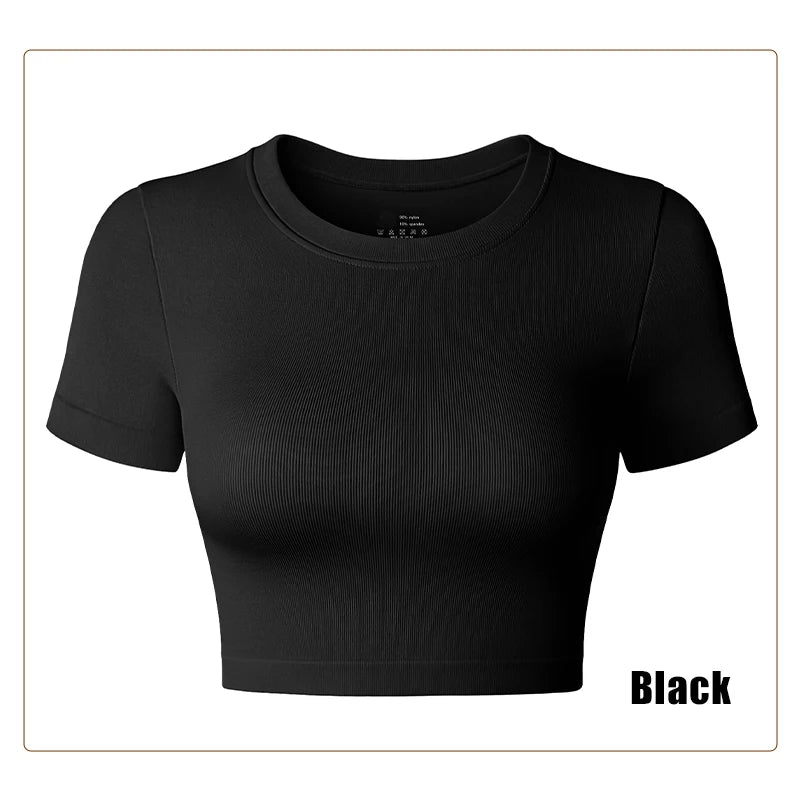 Women's Yoga Shirt Round Neck Short Sleeved Sports Shirt Running Gym Fitness Sports Wear