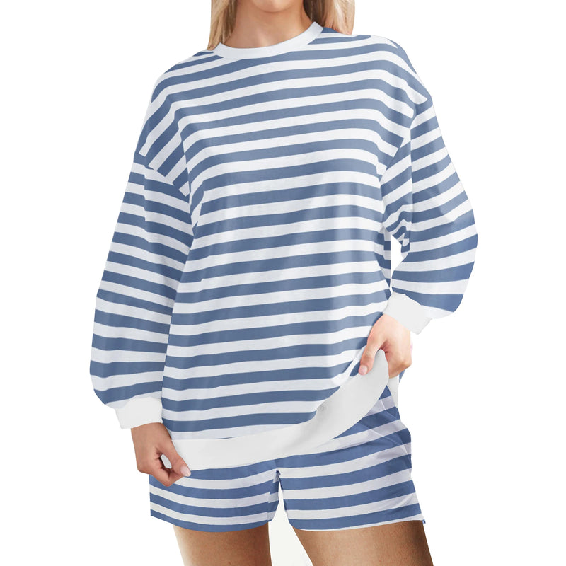 Women Casual Summer Shorts Outfit Stripe Print Round Neck Long Sleeve T-Shirt Pullover Tops with Elastic Waist Shorts Loungewear