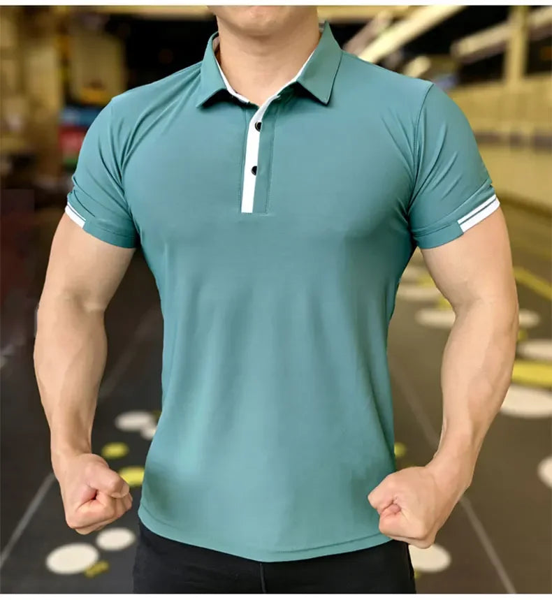 Men's Athleisure Ice Silk Top Tee Sweatshirts Fitness Training Tights Golf Short Lapel Activewear Sleeve Gym Muscle Fit Shirt