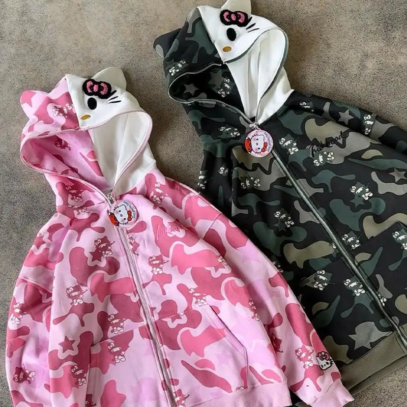 Hello Kitty Zip Hoodie Loose Cardigan Coat Streetwear Women Clothes Oversized Sweatshirt Cardigan Pure Cotton Camouflage Jacket