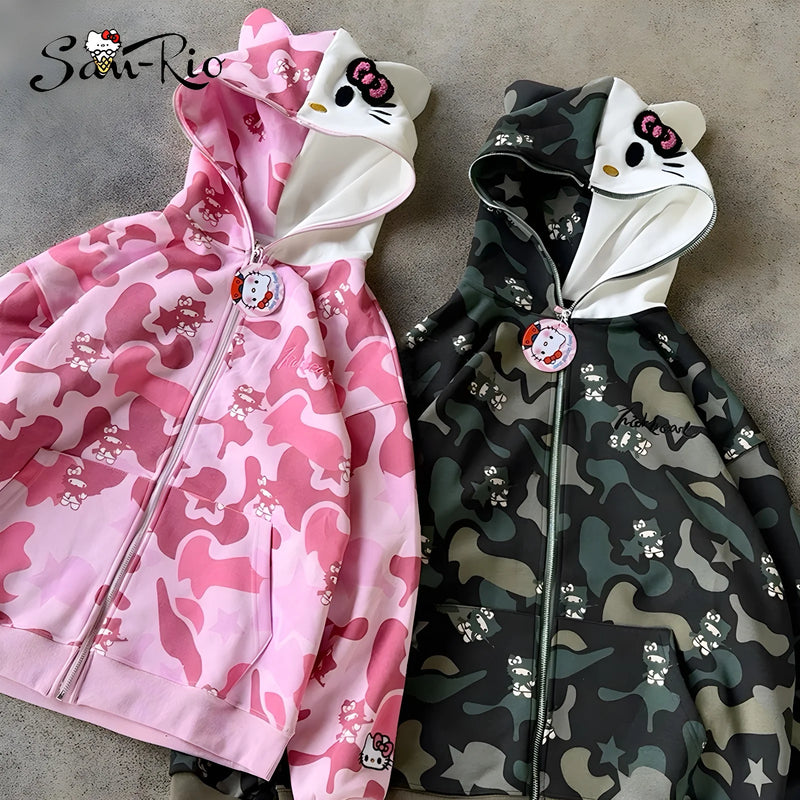 Hello Kitty Zip Hoodie Loose Cardigan Coat Streetwear Women Clothes Oversized Sweatshirt Cardigan Pure Cotton Camouflage Jacket