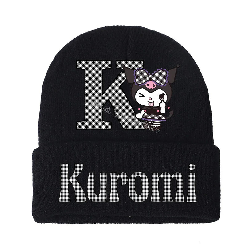 Kuromi Knitted Hat for Children A-Z Letters Cartoon Beanies Cap Winter Kids Street Hats Outdoor Warm Knitted Cap Black Hats Gift