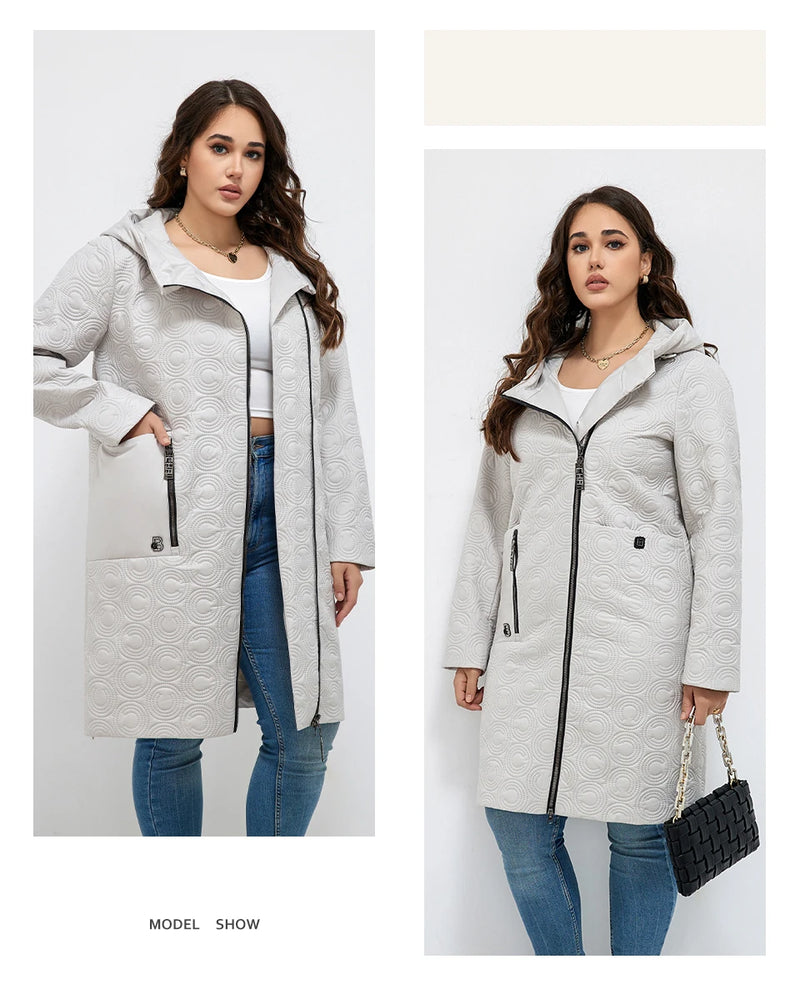 HaiLuoZi 2023 Autumn Women Jackets Plus Size Long Hooded Quilted Light weight Big pockets Bio-cotton Stylish Women's coat 5537