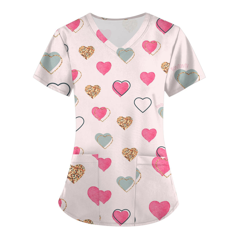 Women Working Uniform Valentine Day Femme Blouse Nurse work wear Medical Uniforms Heart Print Cartoon Short Sleeve V-neck Tops