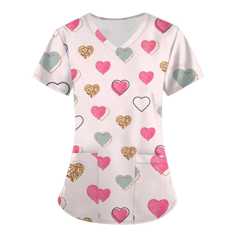 Women Working Uniform Valentine Day Femme Blouse Nurse work wear Medical Uniforms Heart Print Cartoon Short Sleeve V-neck Tops