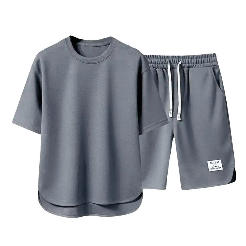 Men Activewear Set Men's Summer Casual Outfit Set O-neck Short Sleeve T-shirt Elastic Drawstring Waist Wide Leg Shorts for A