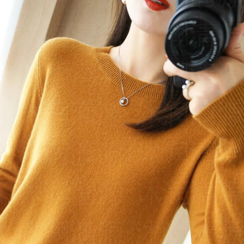 Sweaters Round Neck Pullover Women Keep Warm Long Sleeves Solid Color Bottoming Shirt Autumn Winter Cashmere Commuting Style