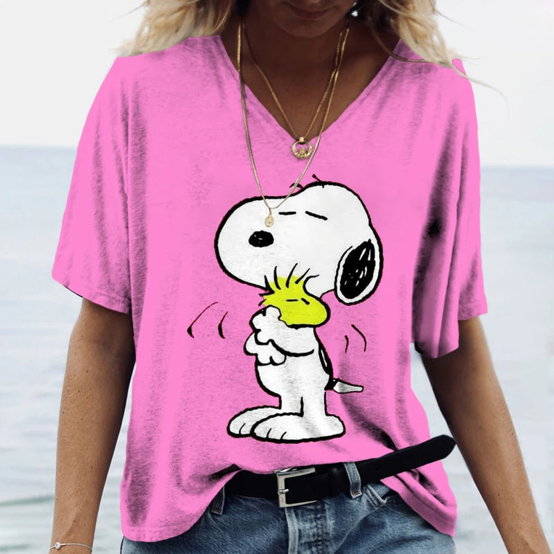 Summer Women T-Shirt S-3XL Fashion Short Sleeve V-Neck Top Snoopy print T-Shirt Casual Loose Female Street Style