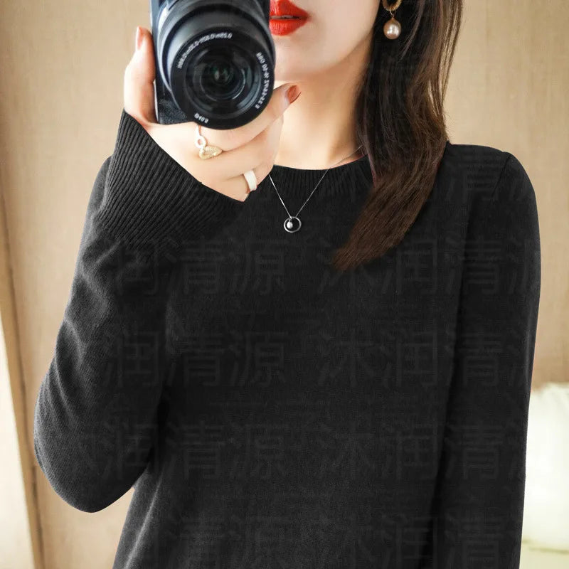 Sweaters Round Neck Pullover Women Keep Warm Long Sleeves Solid Color Bottoming Shirt Autumn Winter Cashmere Commuting Style