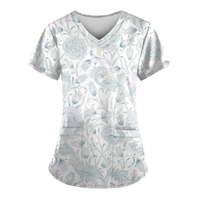 2023 Women Nurse Scrub Working Uniforms Pocket T-Shirt Workwear V-Neck Tops For Female Blouse Print Short Sleeve Hospital Mujer