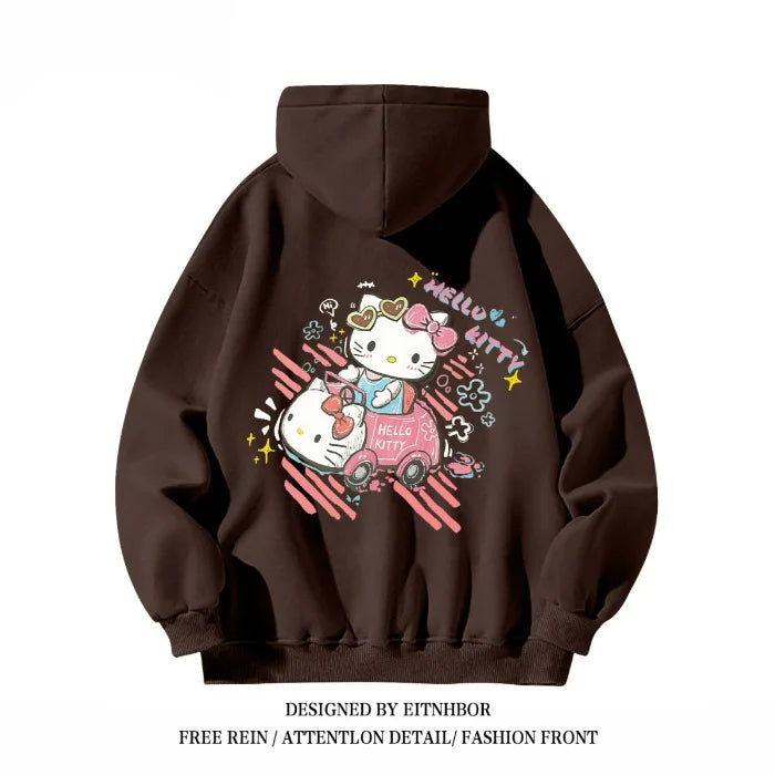 Hello Kitty Hooded Sweatshirt American Niche Fun Graffiti Cartoon Anime Women'S Autumn and Winter Loose Fit Slimming Jacket