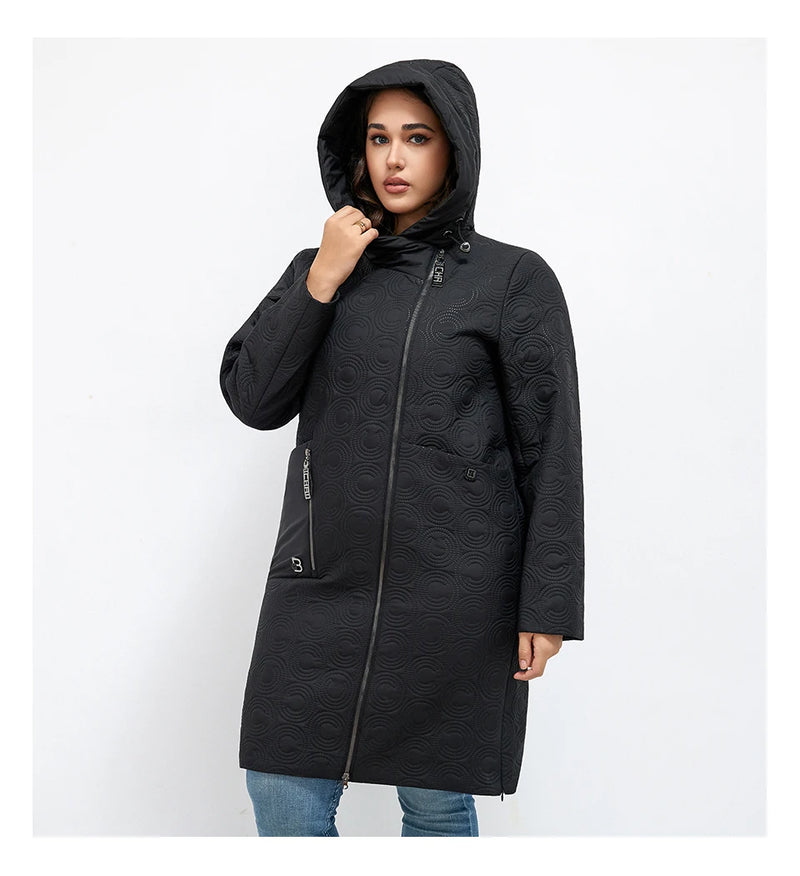 HaiLuoZi 2023 Autumn Women Jackets Plus Size Long Hooded Quilted Light weight Big pockets Bio-cotton Stylish Women's coat 5537