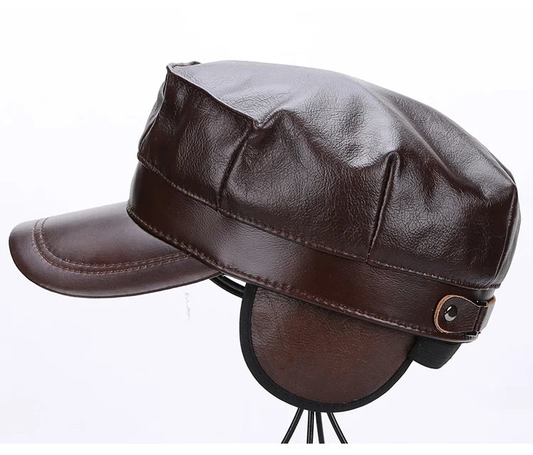 Winter first layer cowhide flat top octagonal hat men's father warm Leather Hat ear protection military cap duck tongue cap