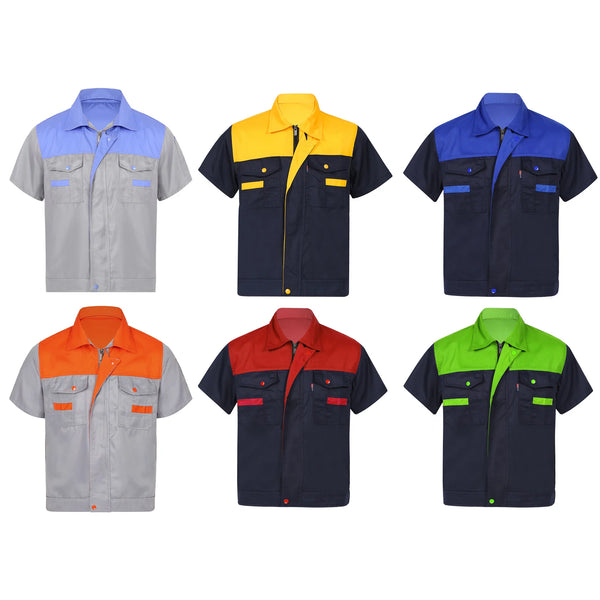 Mens Factory Work Shirt Uniform Short Sleeve Turn-Down Collar Workwear Motor Mechanic Repair Workshop Two-pocket T-shirts Tops