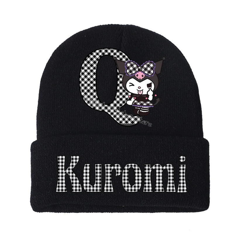 Kuromi Knitted Hat for Children A-Z Letters Cartoon Beanies Cap Winter Kids Street Hats Outdoor Warm Knitted Cap Black Hats Gift